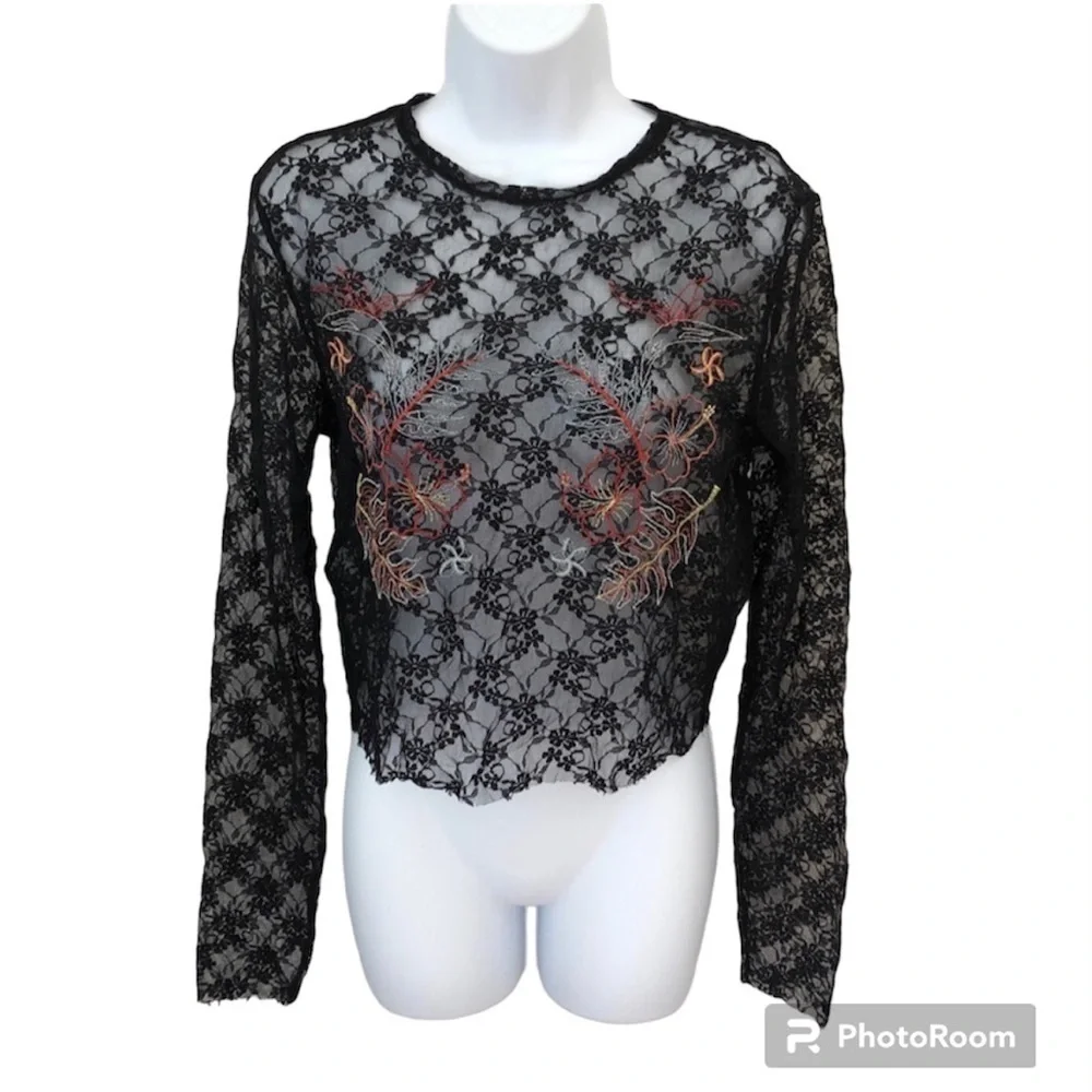 Zara Trafaluc lace sheer long sleeve cropped embroidered shirt